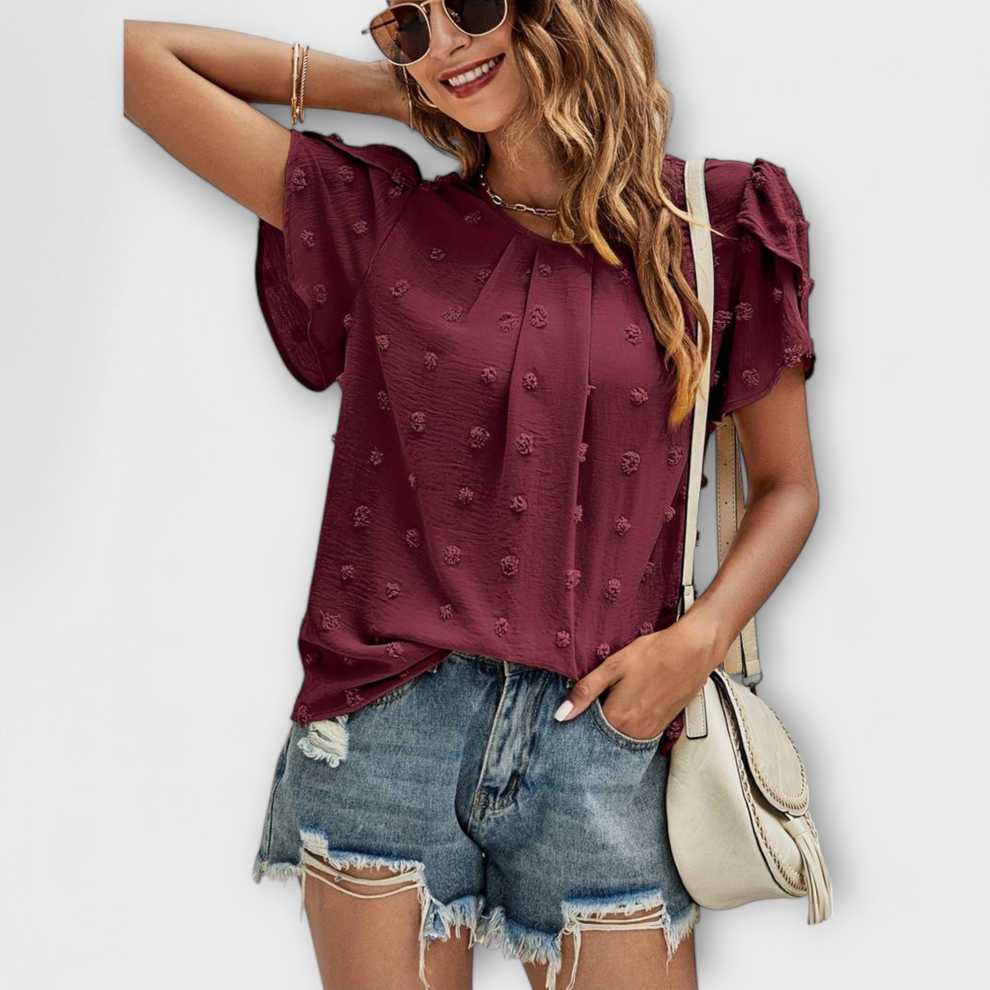 שרלוט - חולצה עם שרוולים פרחוניים בסגנון Swiss Dot