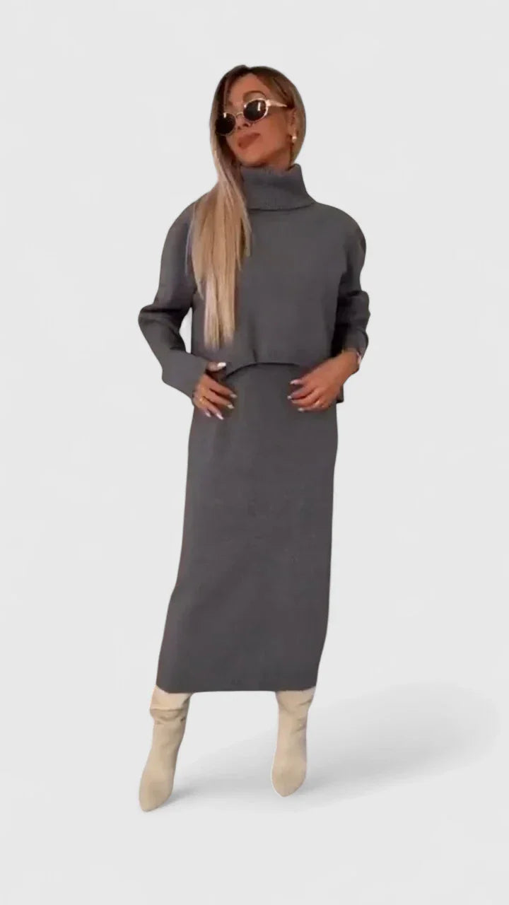 כריסטל - סט שמלה אלגנטית וסוודר עם צווארון גולף